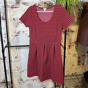 J. Crew Fit & Flare Pleated red and blue Striped Dress